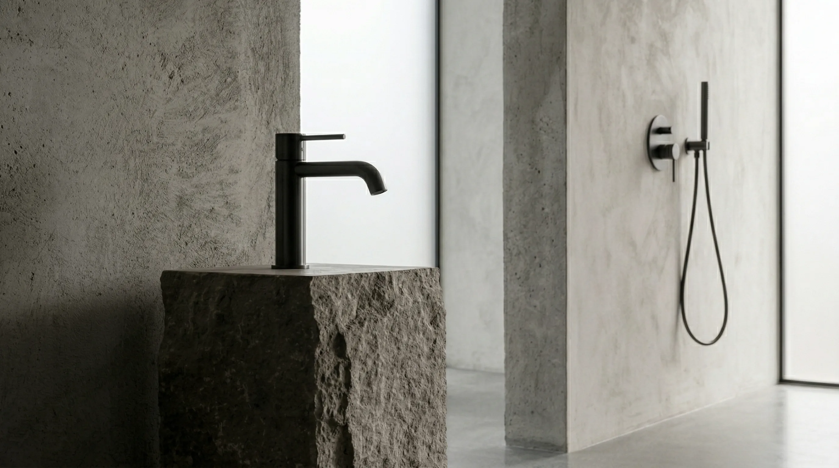 Armaturen & Zubehör – Topallaj Haustechnik GmbH Designerbad mit schwarzer Armatur auf Steinwaschtisch und wandmontierter Dusche – Topallaj Haustechnik