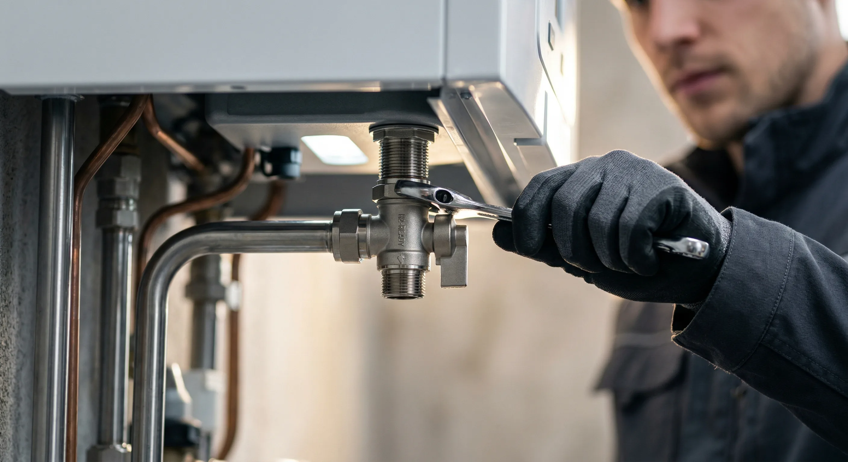 Brennwerttechnik Einbau – Topallaj Haustechnik GmbH Heizungsmonteur baut Brennwertgerät ein und schließt Ventile an – Topallaj Haustechnik