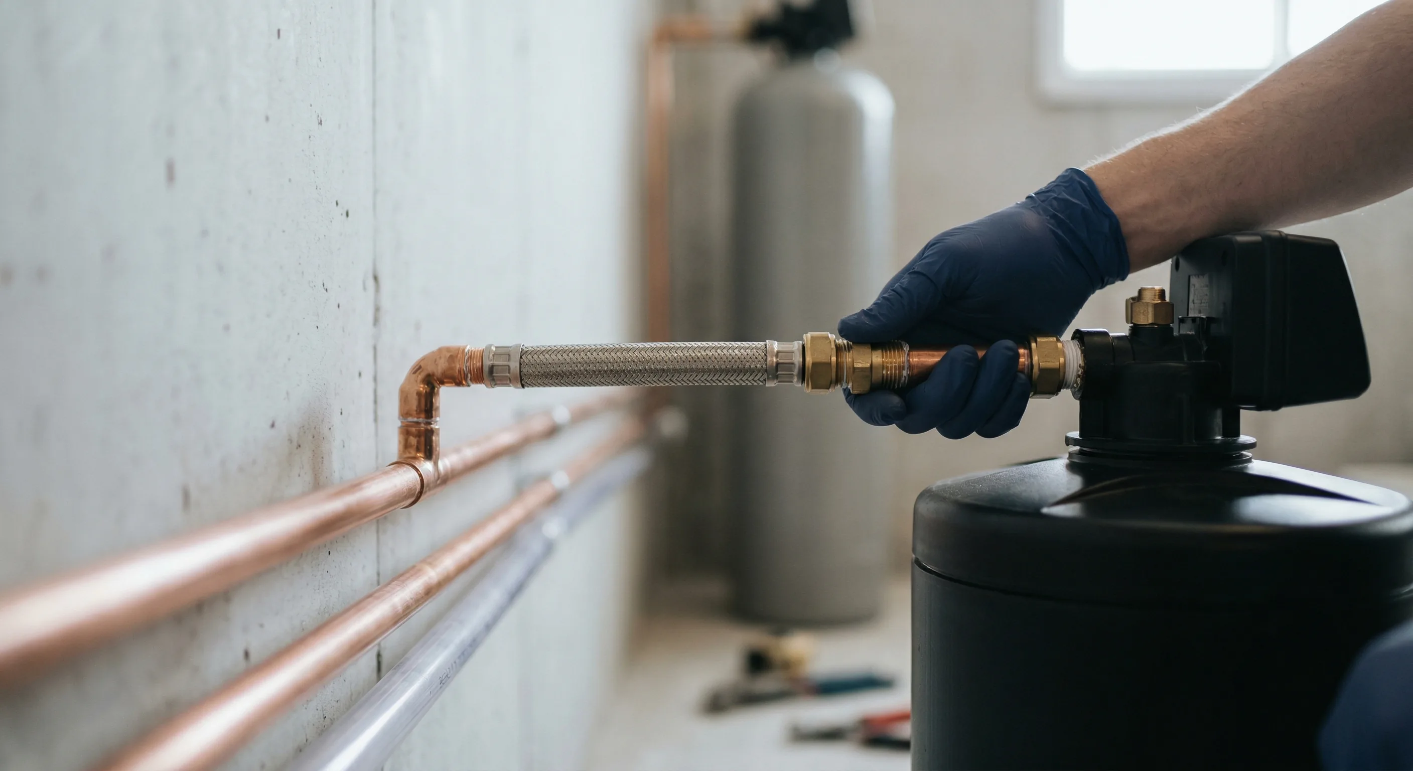 Entkalkungsanlagen Einbau – Topallaj Haustechnik GmbH Monteur installiert Entkalkungsanlage an Kupferrohren – Topallaj Haustechnik