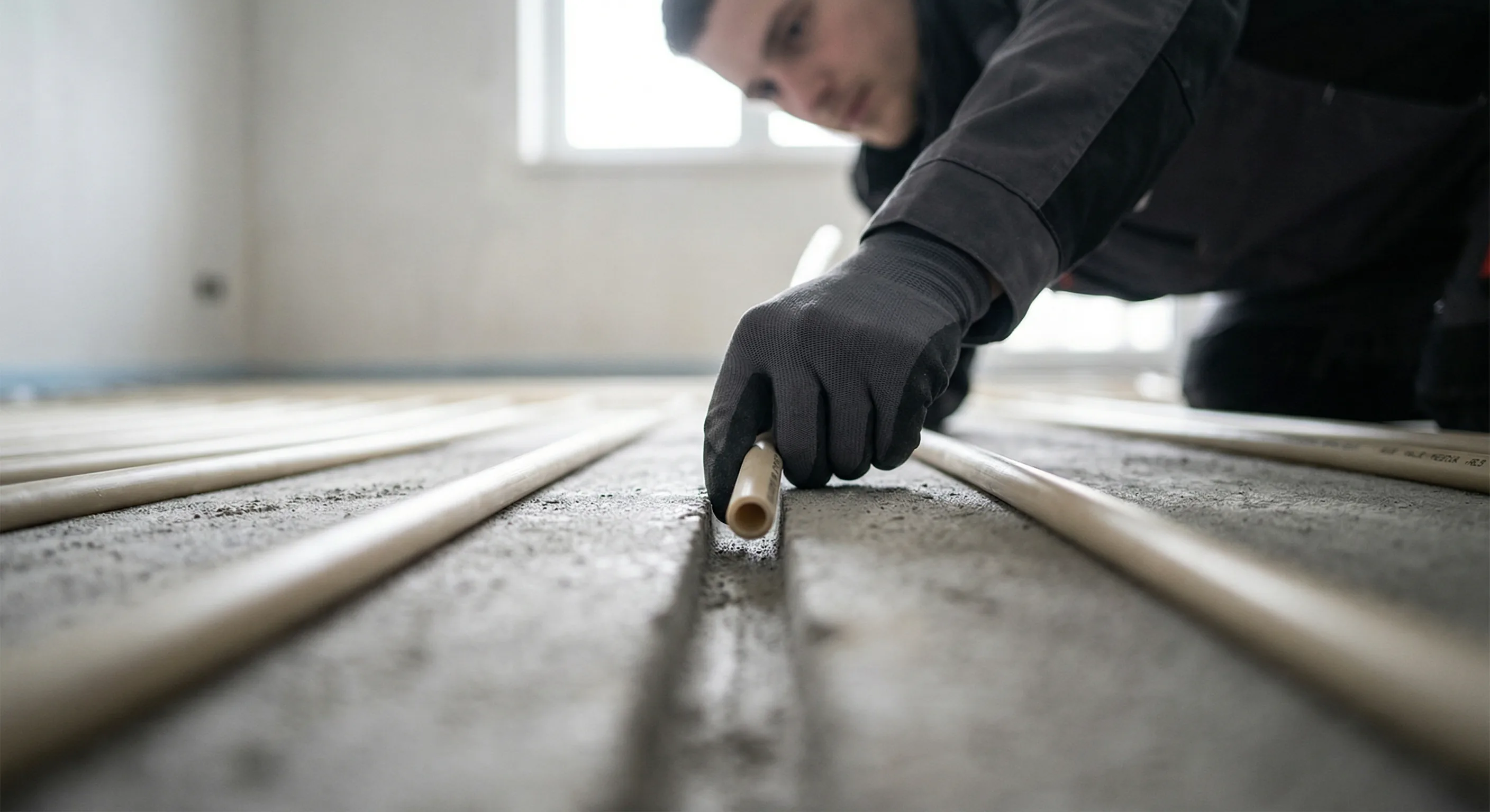 Fußbodenheizung verlegen – Topallaj Haustechnik GmbH Handwerker verlegt Rohre für Fußbodenheizung im Estrich – Topallaj Haustechnik