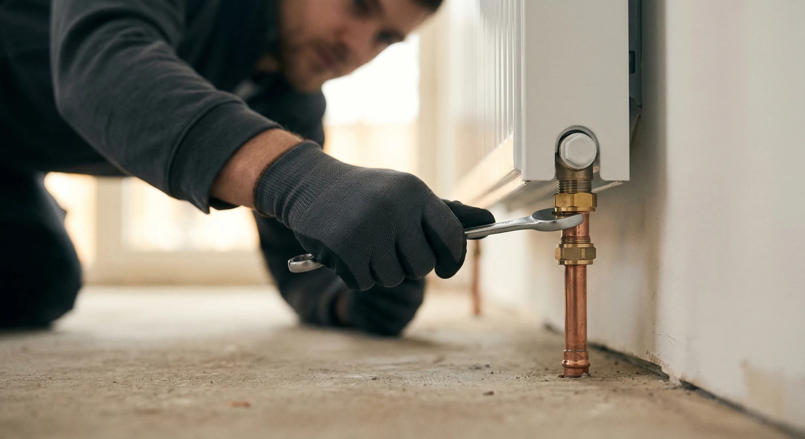 Heizkörper austauschen – Topallaj Haustechnik GmbH Klempner tauscht Heizkörper mit Schraubenschlüssel aus – Topallaj Haustechnik