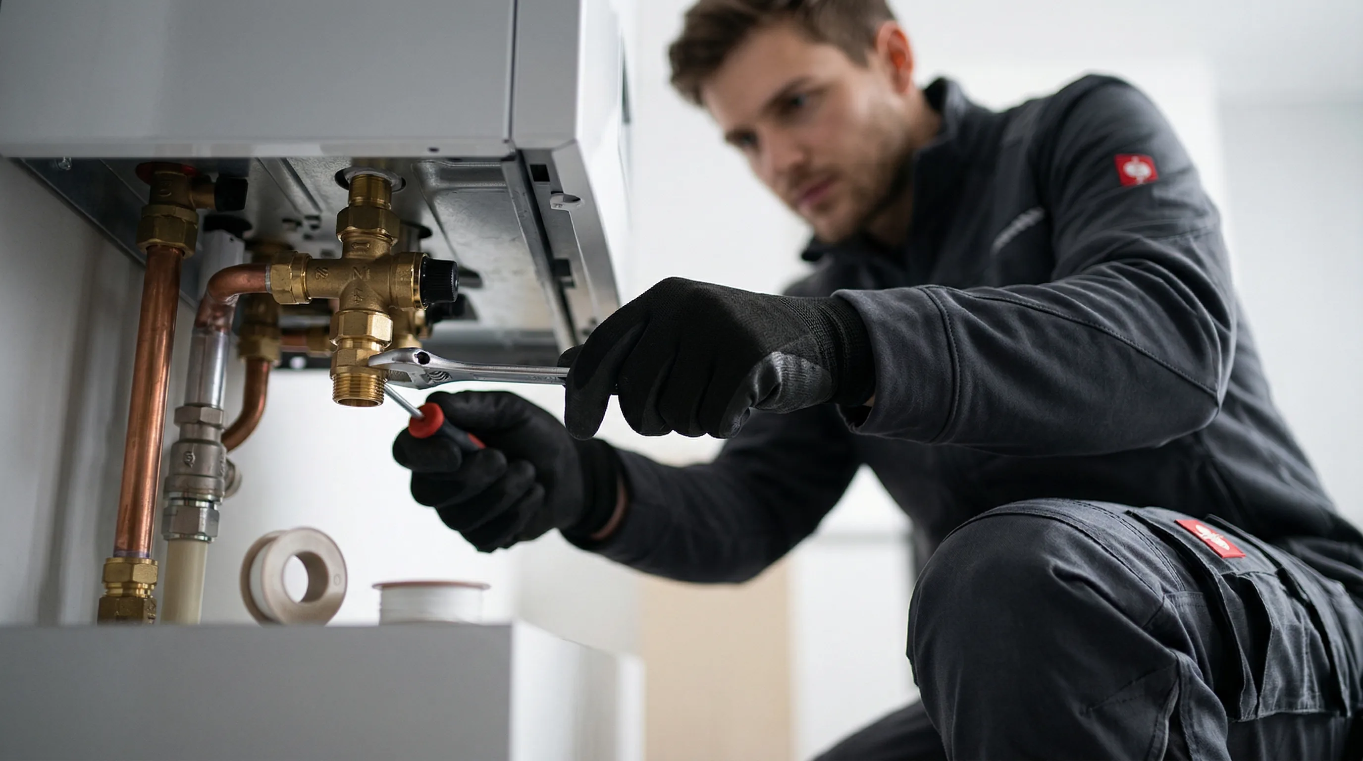 Heizungswartung & Reparatur – Topallaj Haustechnik GmbH Heizungstechniker wartet Heizungsanlage mit Kupferrohren – Topallaj Haustechnik