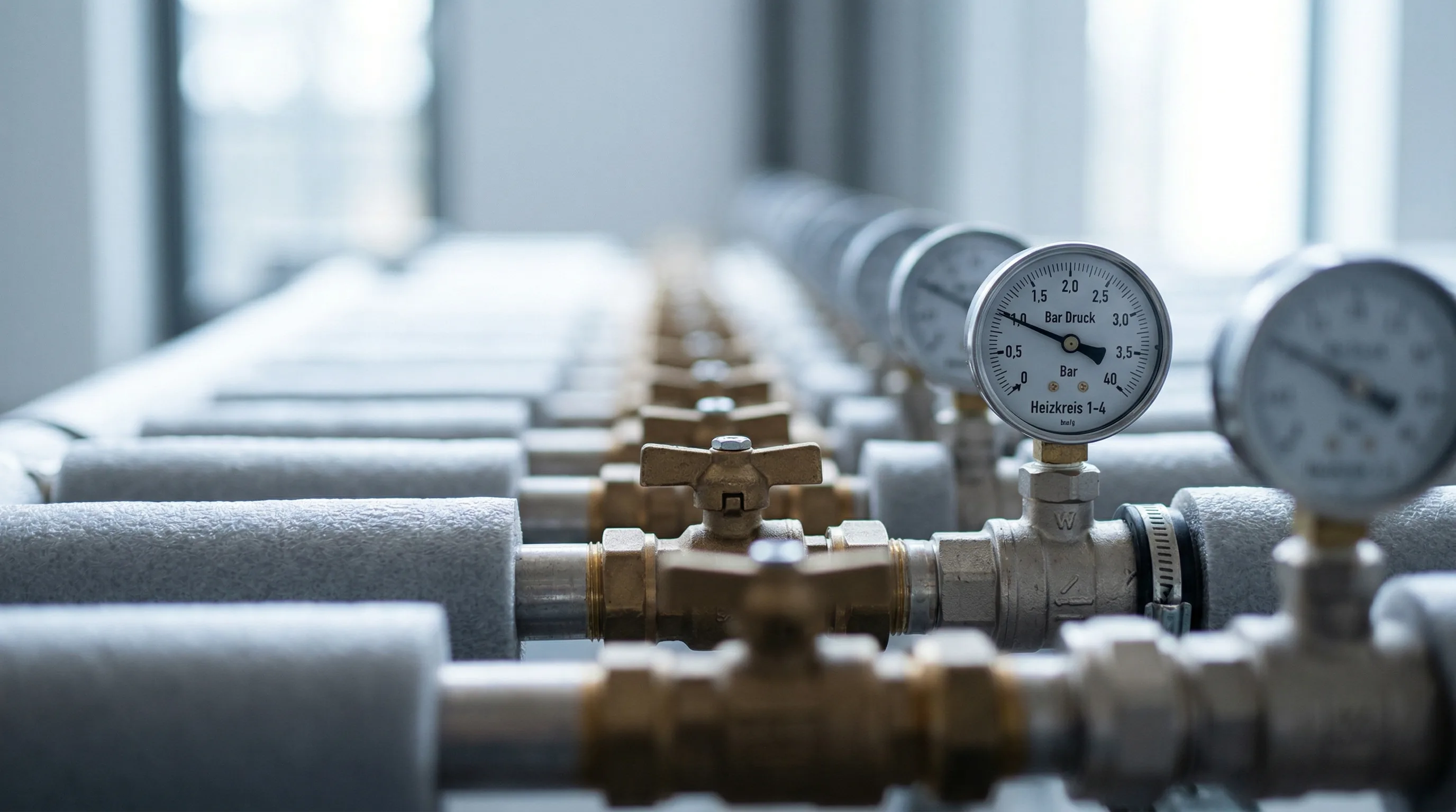 Hydraulischer Abgleich – Topallaj Haustechnik GmbH Mehrere gedämmte Heizungsrohre mit Manometern für hydraulischen Abgleich – Topallaj Haustechnik