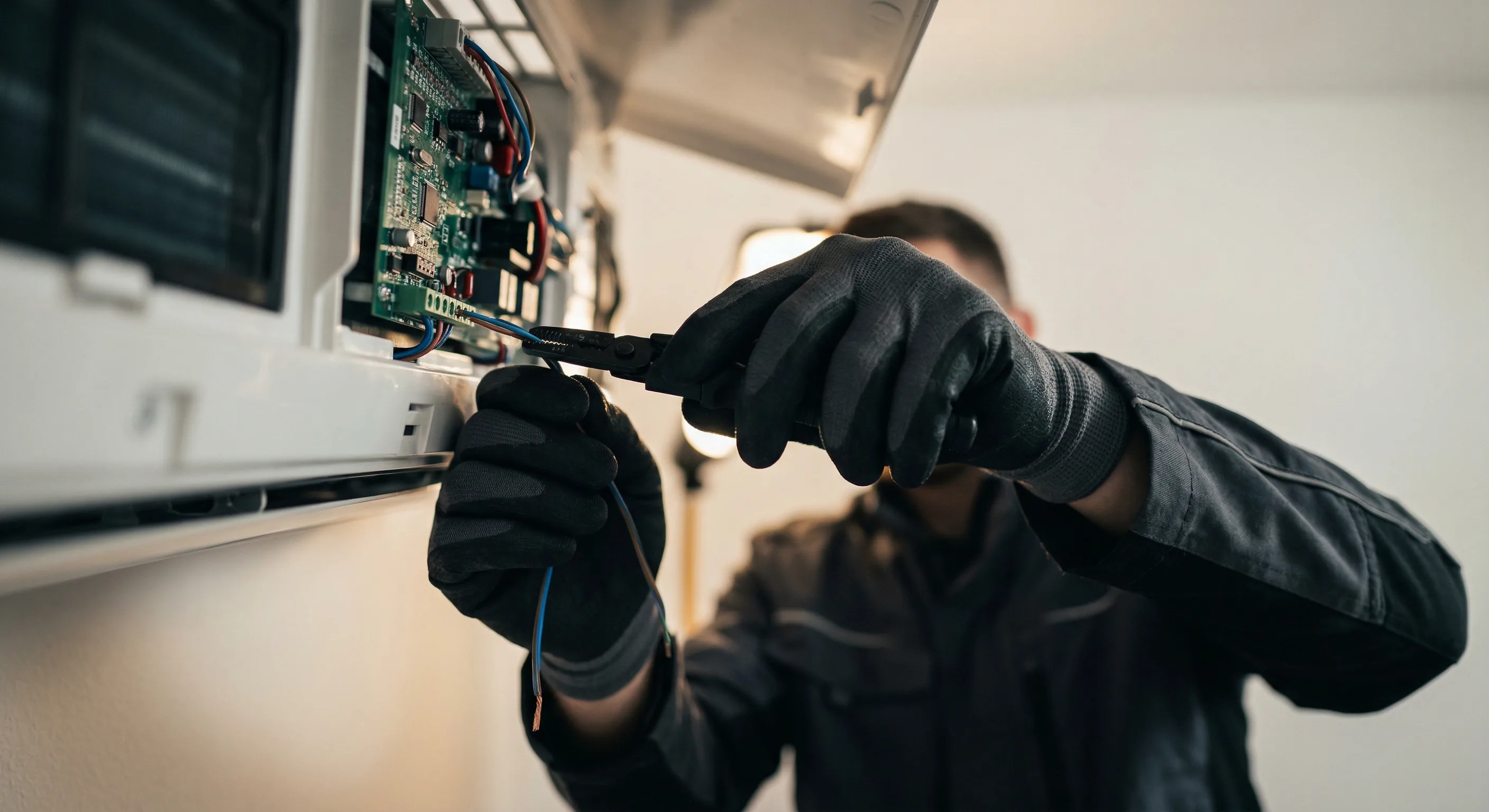 Klimatechnik-Installation – Topallaj Haustechnik GmbH Techniker öffnet und repariert Klimaanlage – Topallaj Haustechnik