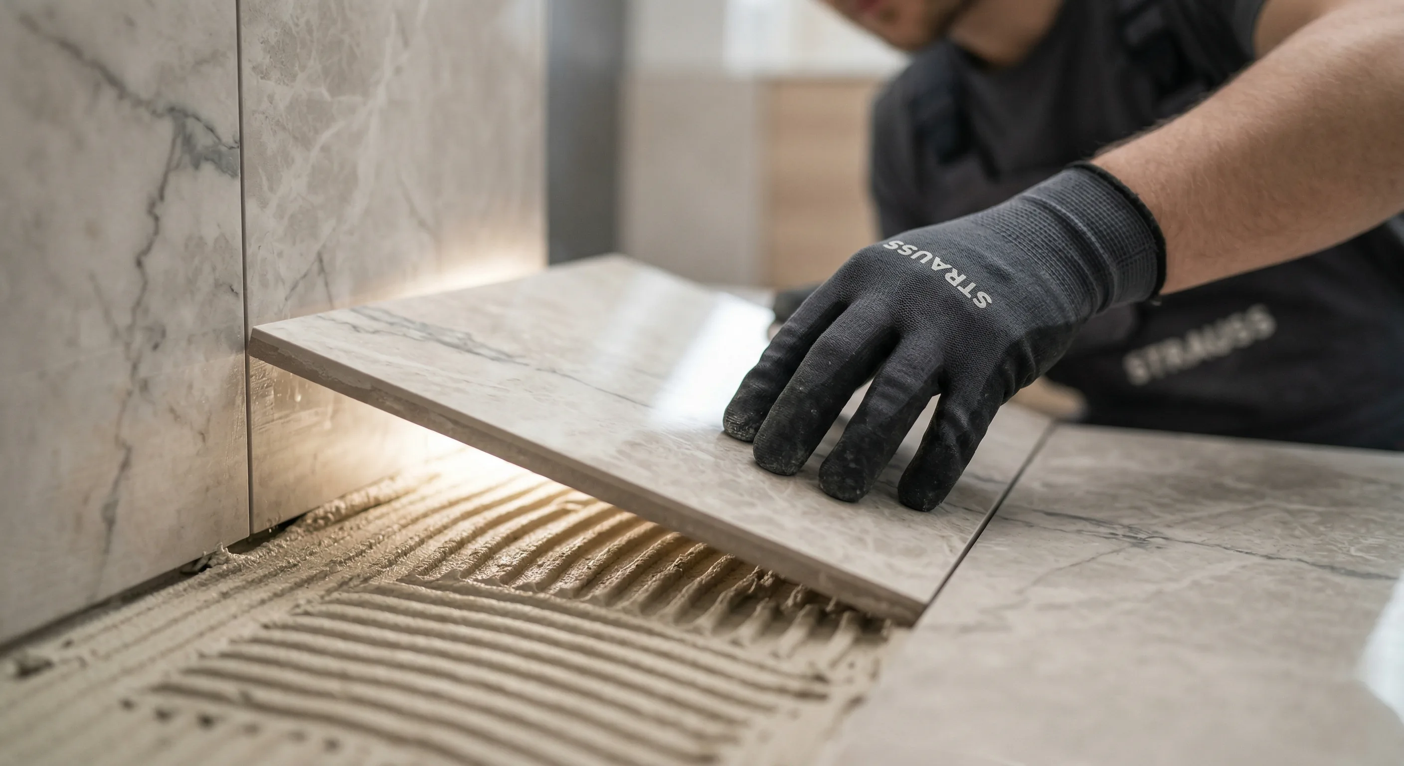 Komplette Badsanierung – Topallaj Haustechnik GmbH Handwerker verlegt Fliesen bei kompletter Badsanierung – Topallaj Haustechnik