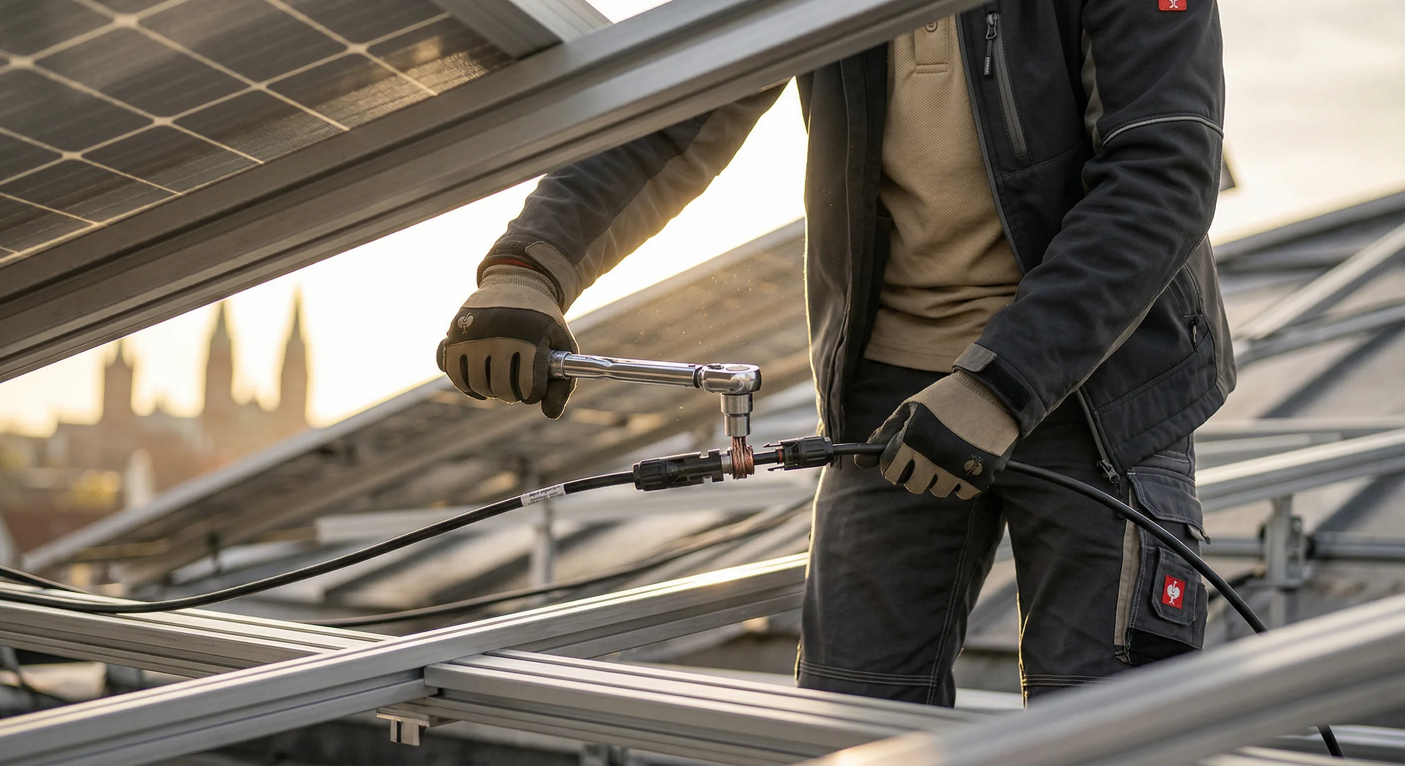 Solarthermie Integration – Topallaj Haustechnik GmbH Techniker montiert Solarkollektor auf Hausdach – Topallaj Haustechnik