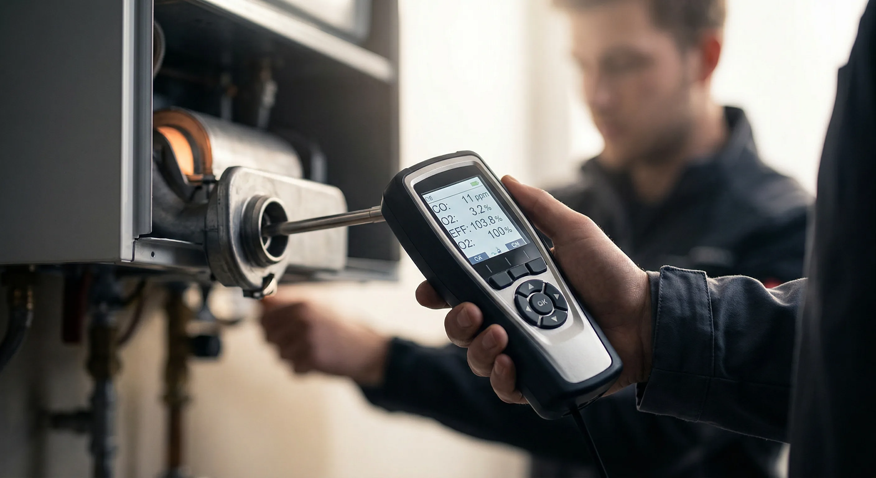 Wartungsverträge Heizung – Topallaj Haustechnik GmbH Heizungstechniker misst Abgaswerte an Heizungsanlage – Topallaj Haustechnik