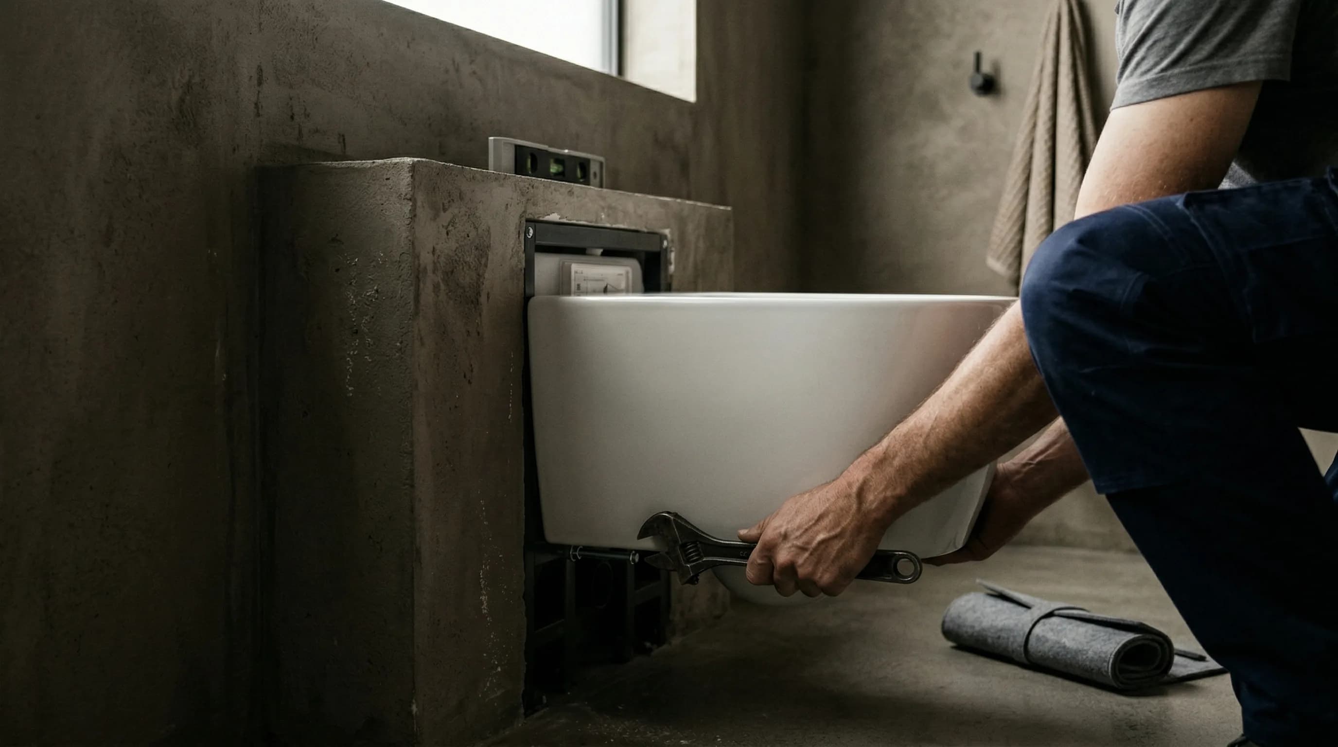 WC- & Toiletten-Installation – Topallaj Haustechnik GmbH Monteur installiert Wand-WC mit Unterputzspülkasten – Topallaj Haustechnik